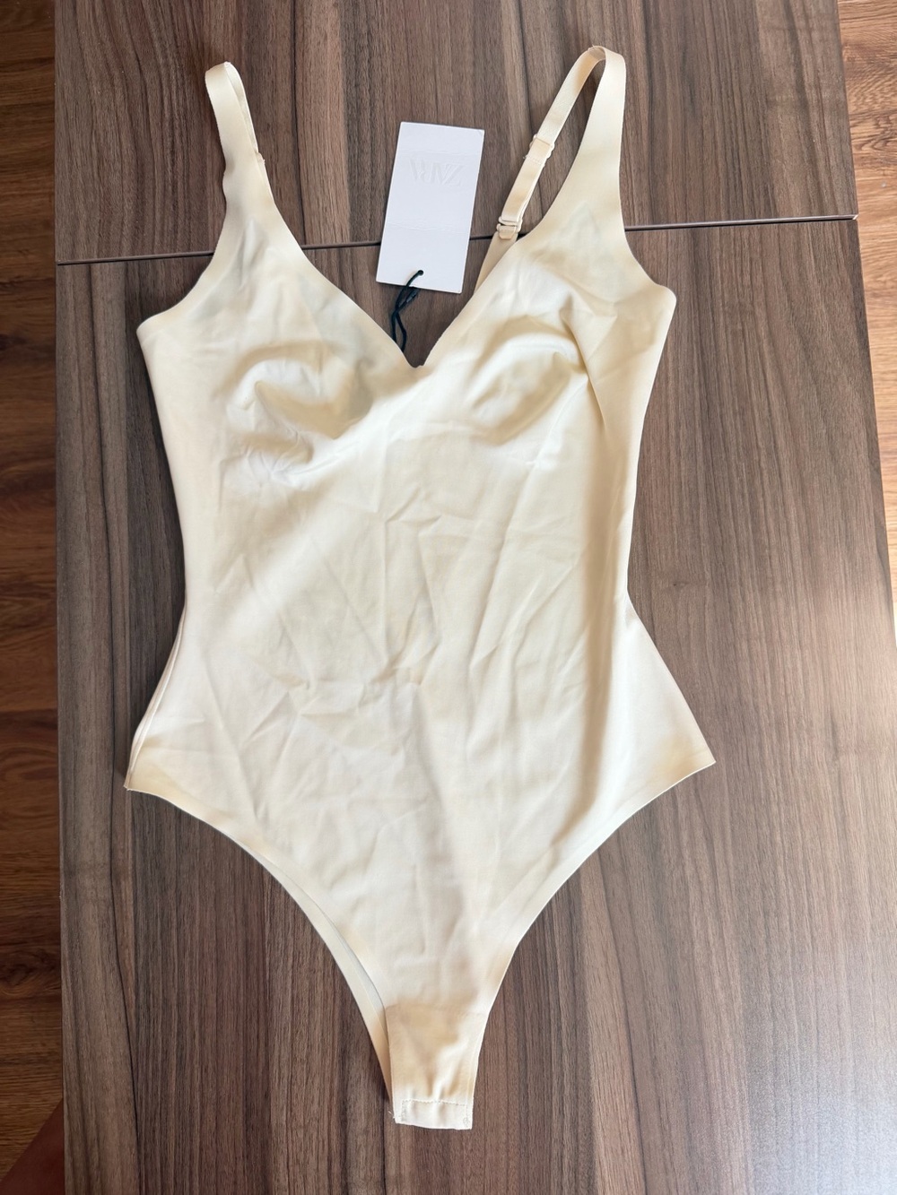 Zara Cream One-Piece Swimsuit with V-Neck and Adjustable Straps